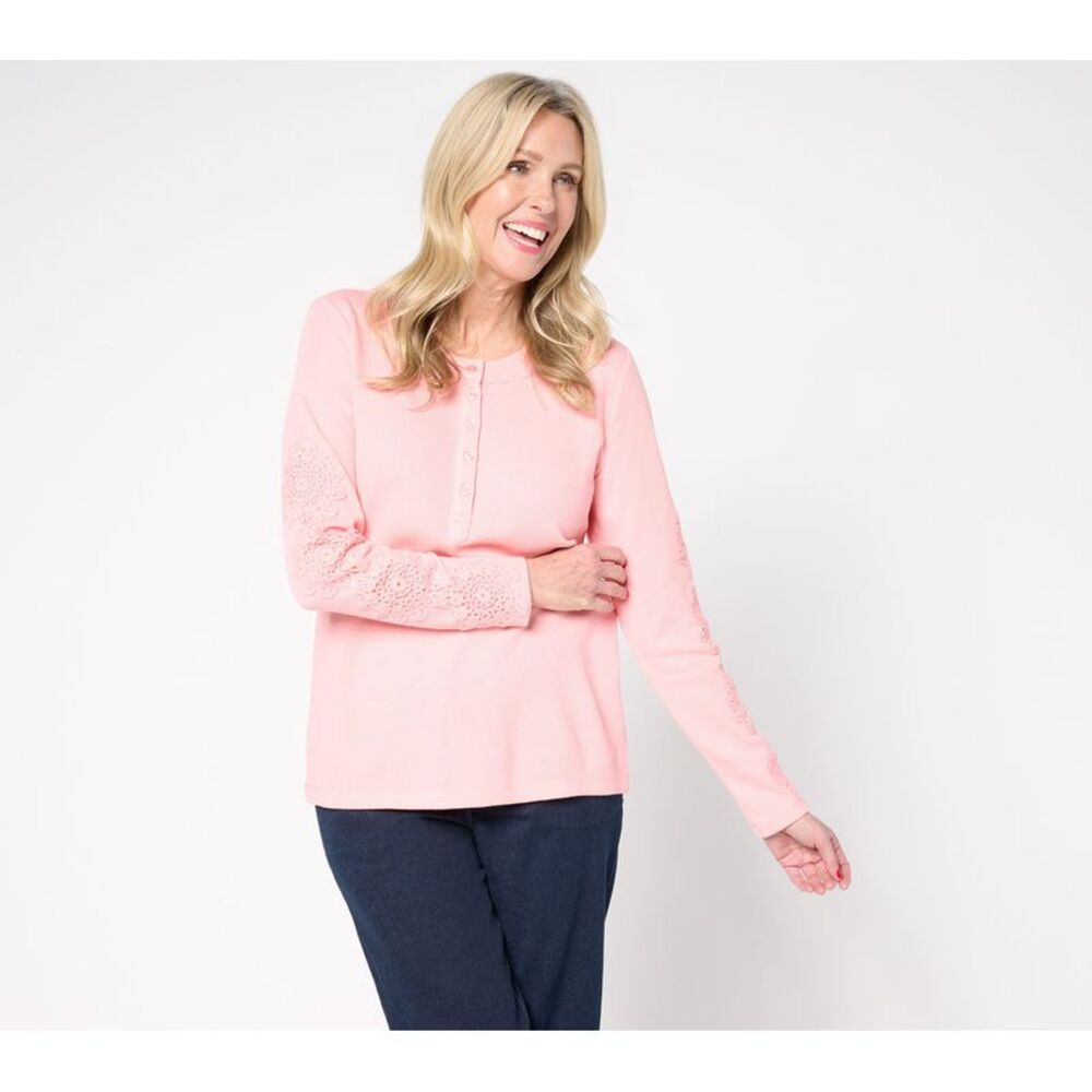 Denim & Co. Women's Top Sz XL Waffle Knit Button Henley Crochet Pink A677671